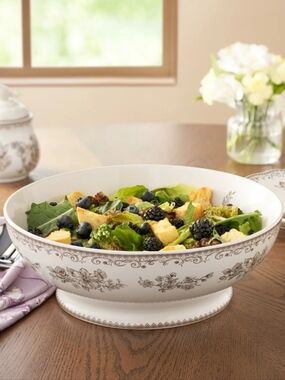 New Pioneer Woman Agatha Brown Pedestal Serving Bowl with Brown Floral Trim